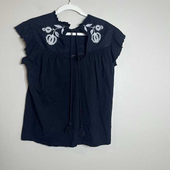 Black White Embroidered Top Floral Boho Classic Knox Rose Flutter Sleeve Cottage - Picture 4 of 6